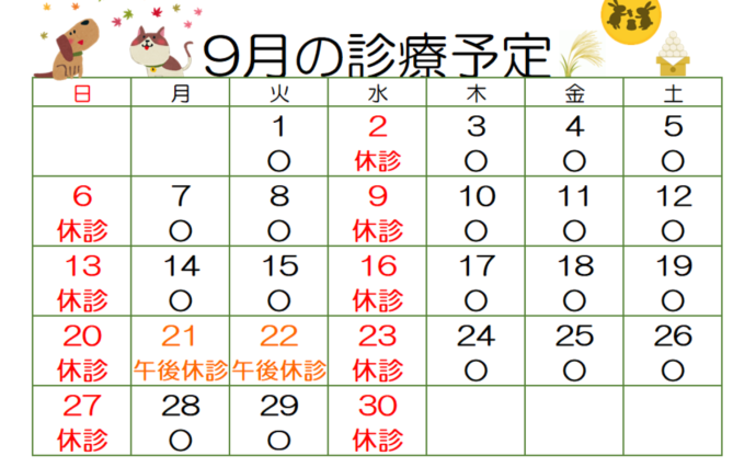 9月の診療予定